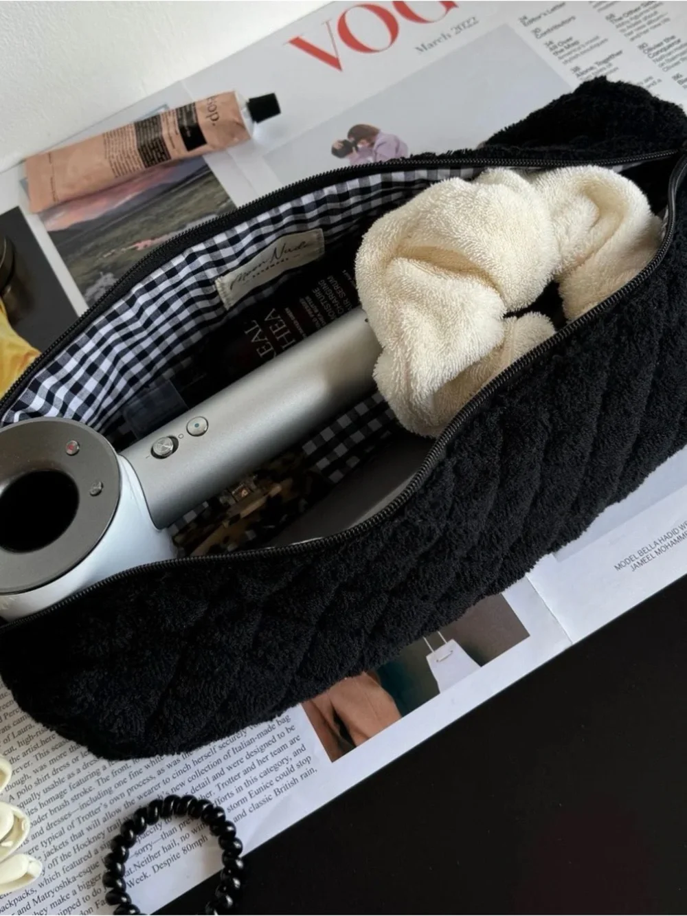 New moon nude Black Quilted terrycloth  hair tool bag  Bag with Gingham Lining
