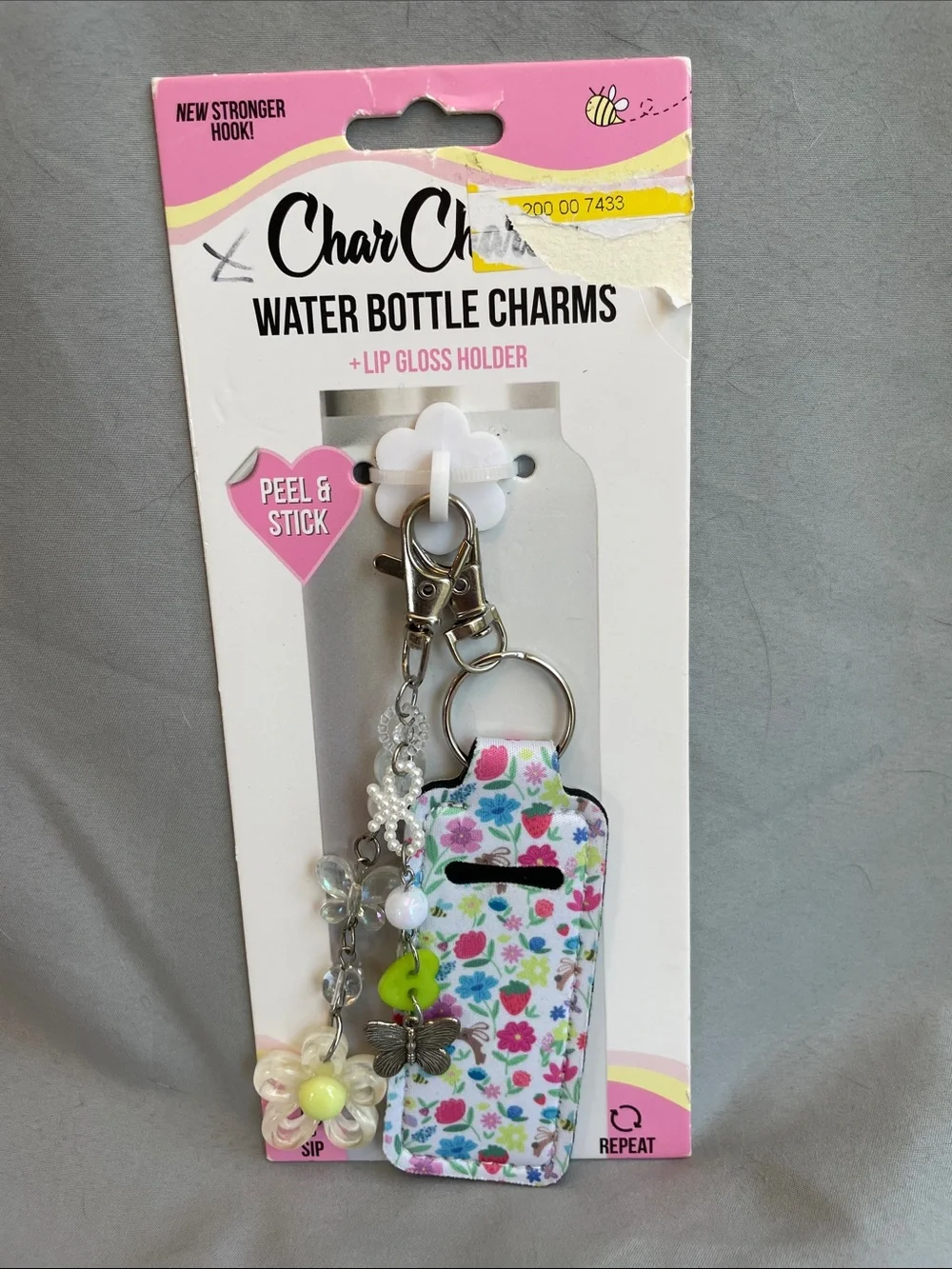 Floral Water Bottle Charm & Lip Gloss Holder - White/Pink Floral NEW