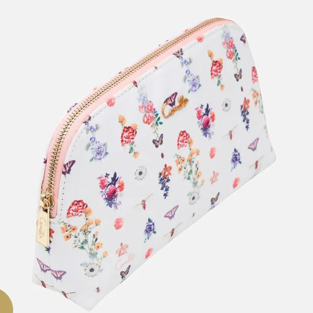 Camilla White Floral Print Cosmetic Pouch