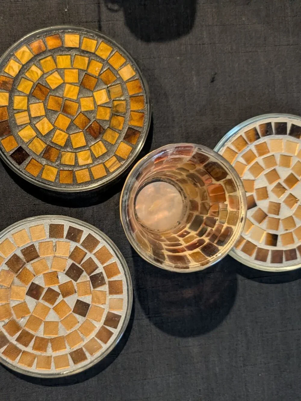 Vintage Pier 1 & Linens N Things Mosaic Glass Candle Holder 4pc Lot Brown Gold