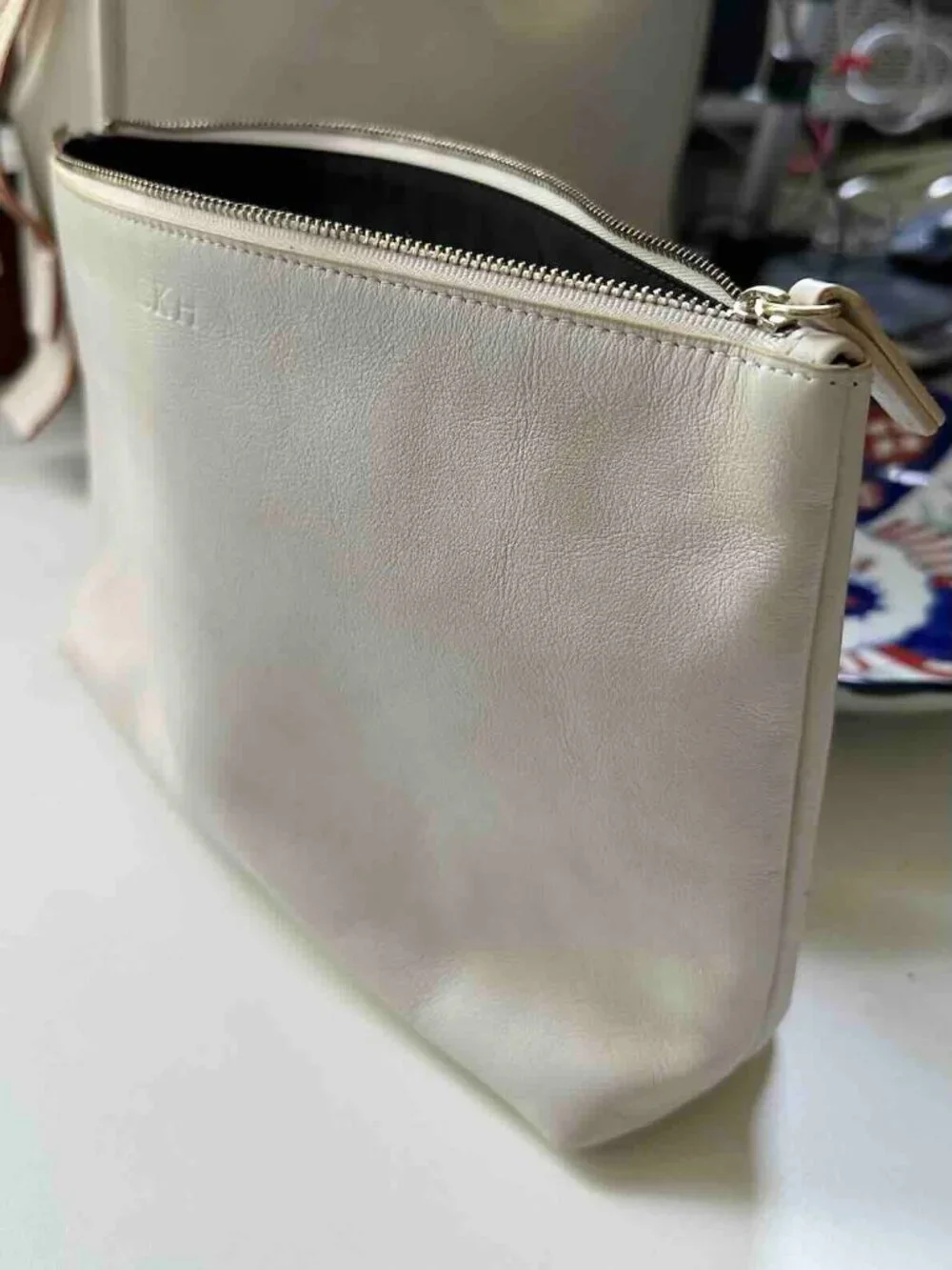 NWT Leatherology Full Grain Italian Leather Large Accessory Pouch Ivory Smooth