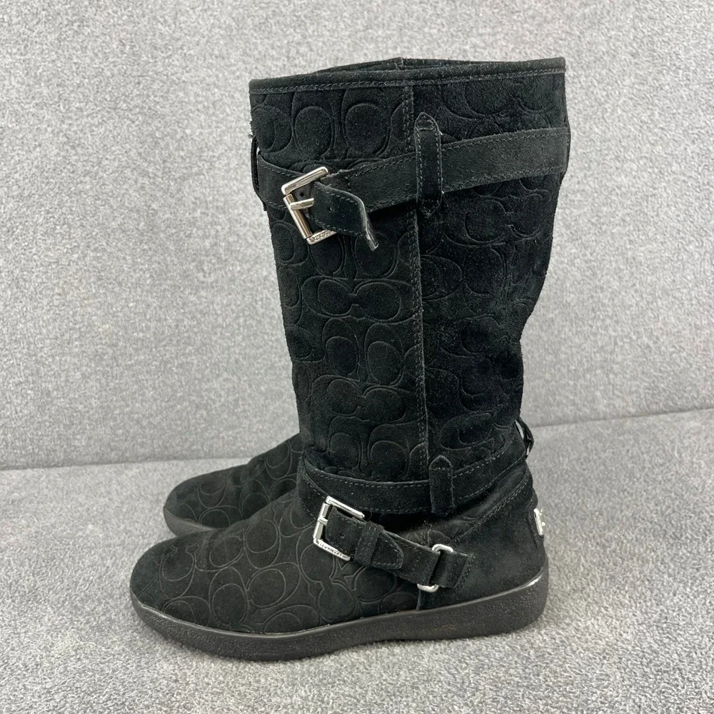 Coach Black Suede Monogram Tall‎ Boots Buckle Detail Women's US 8 B EU 38.5