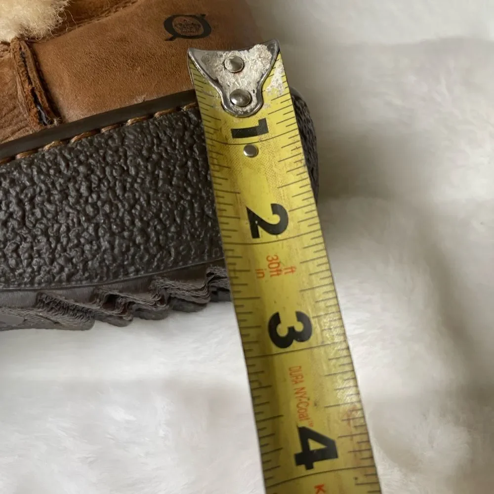Born leather suede tan boots shearling fur lined multi color ribbon appliqué SZ6
