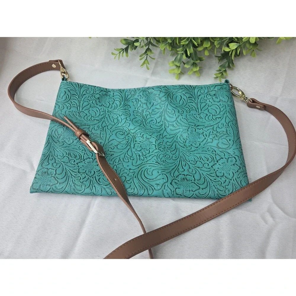 Makeup Junkie Bags Turquoise Dream Crossbody Clutch Tooled Western Floral Boho