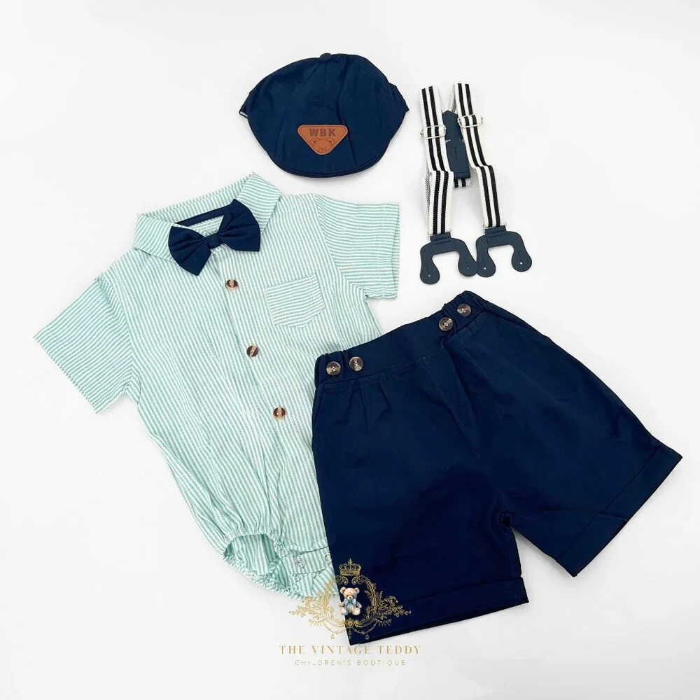 NWT Handsome Boys Oxford Button Down Onesie One-Piece Shorts Matching Set 18-24M