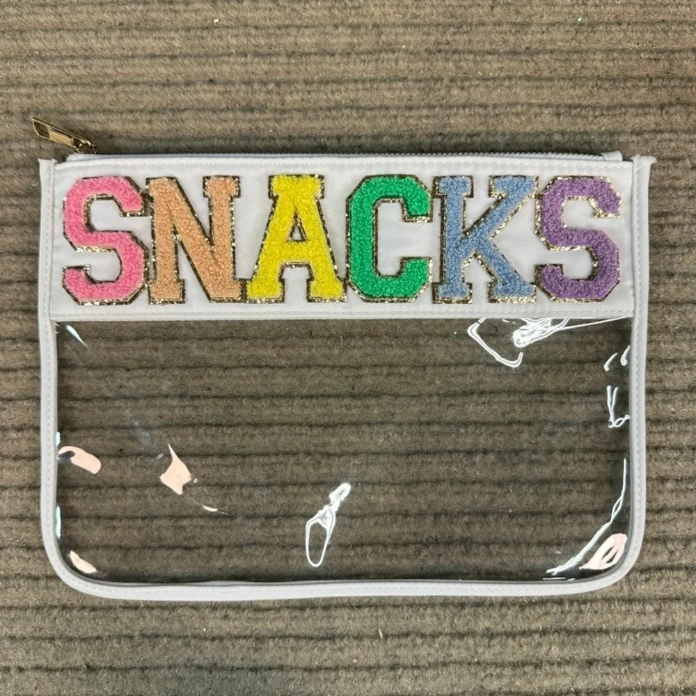 Clear Vinyl Snacks Pouch Chenille Patch Travel Makeup Bag White Gold Zipper
