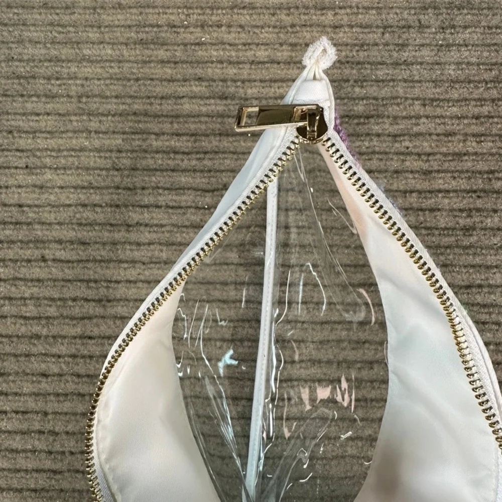 Clear Vinyl Snacks Pouch Chenille Patch Travel Makeup Bag White Gold Zipper