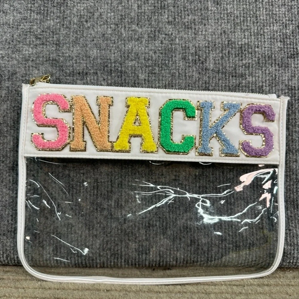 Clear Vinyl Snacks Pouch Chenille Patch Travel Makeup Bag White Gold Zipper