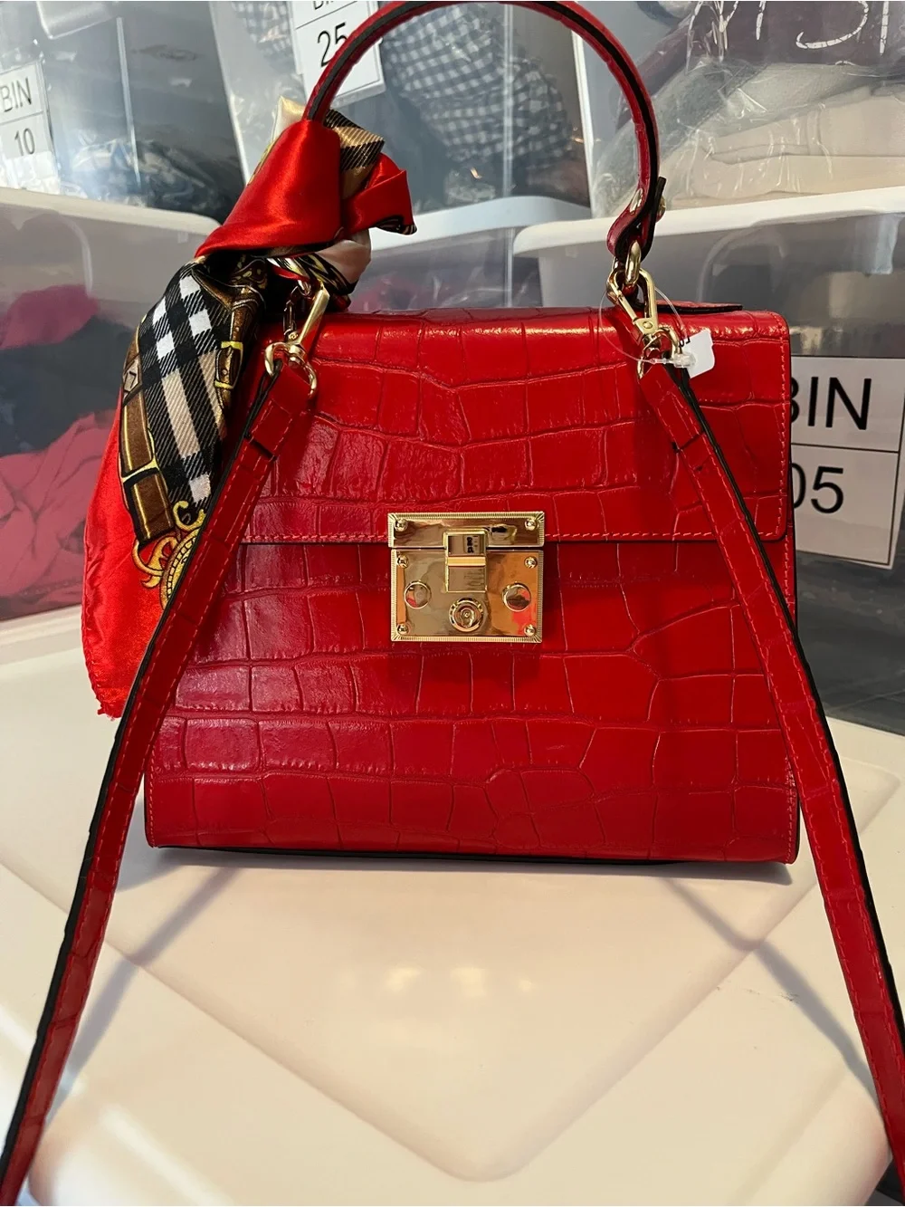 Italian Leather Red Croc-Embossed Top-Handle Satchel with Gold Hardware