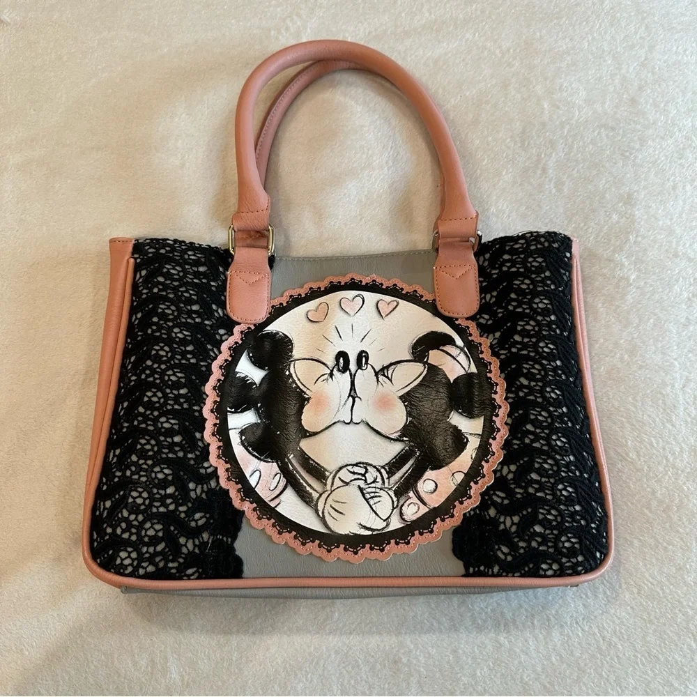 Disney Boutique Mickey and Minnie Mouse Kissing Satchel with Lace Detail