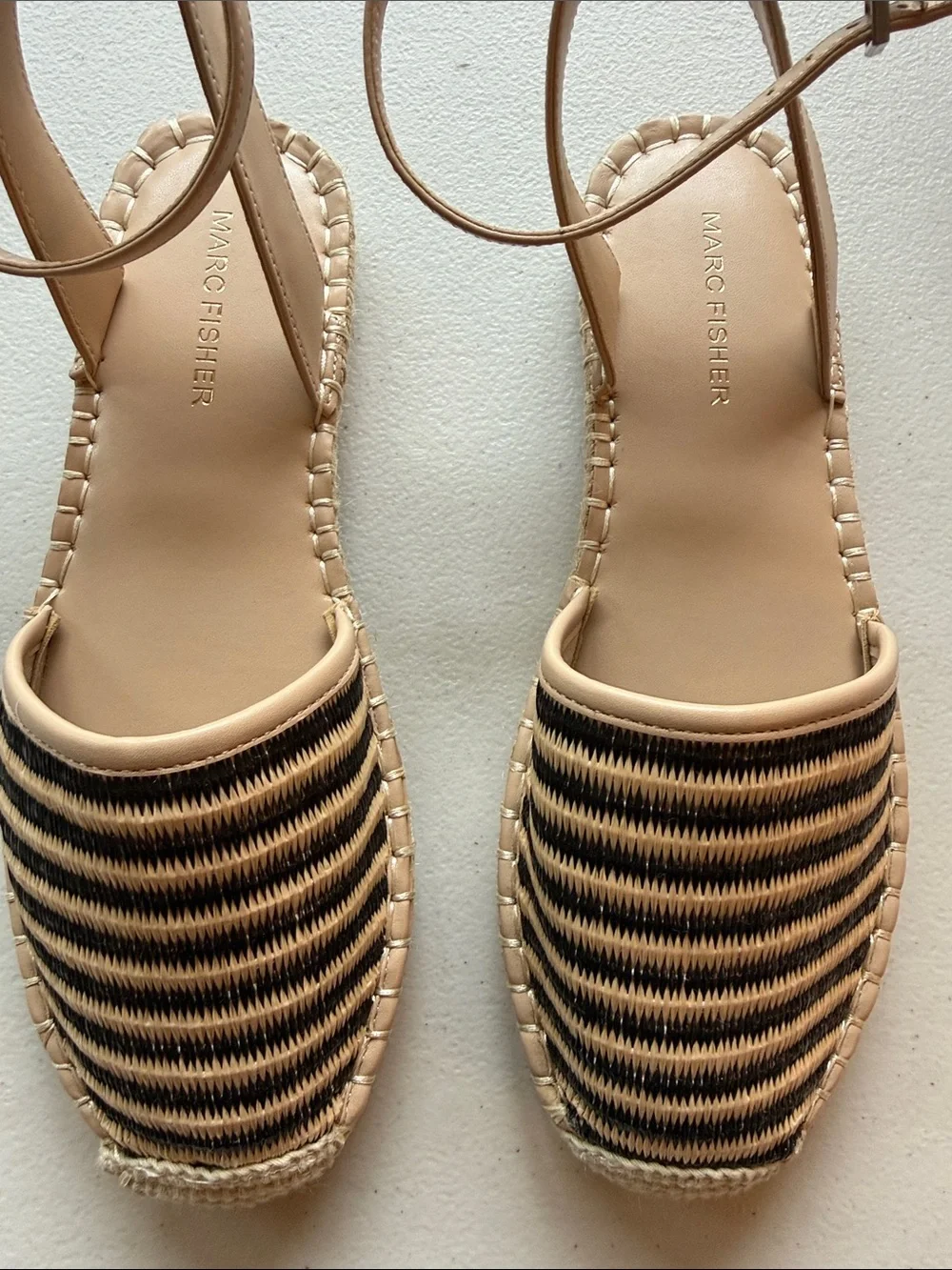 Marc Fisher Bessie Espadrille Flats Tan & Black Woven Striped Ankle-Strap Sandal