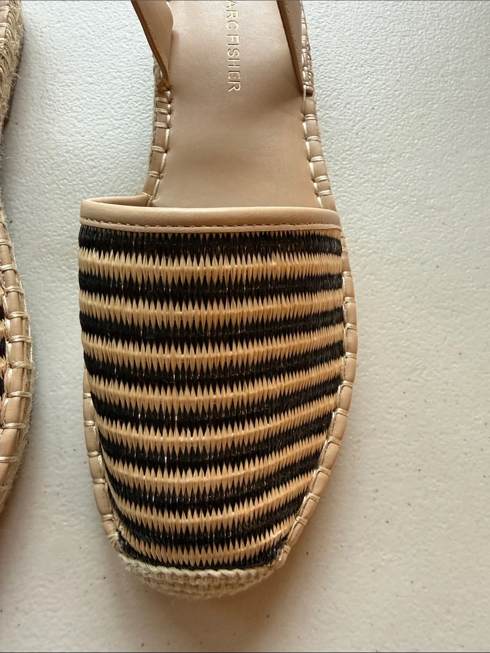 Marc Fisher Bessie Espadrille Flats Tan & Black Woven Striped Ankle-Strap Sandal