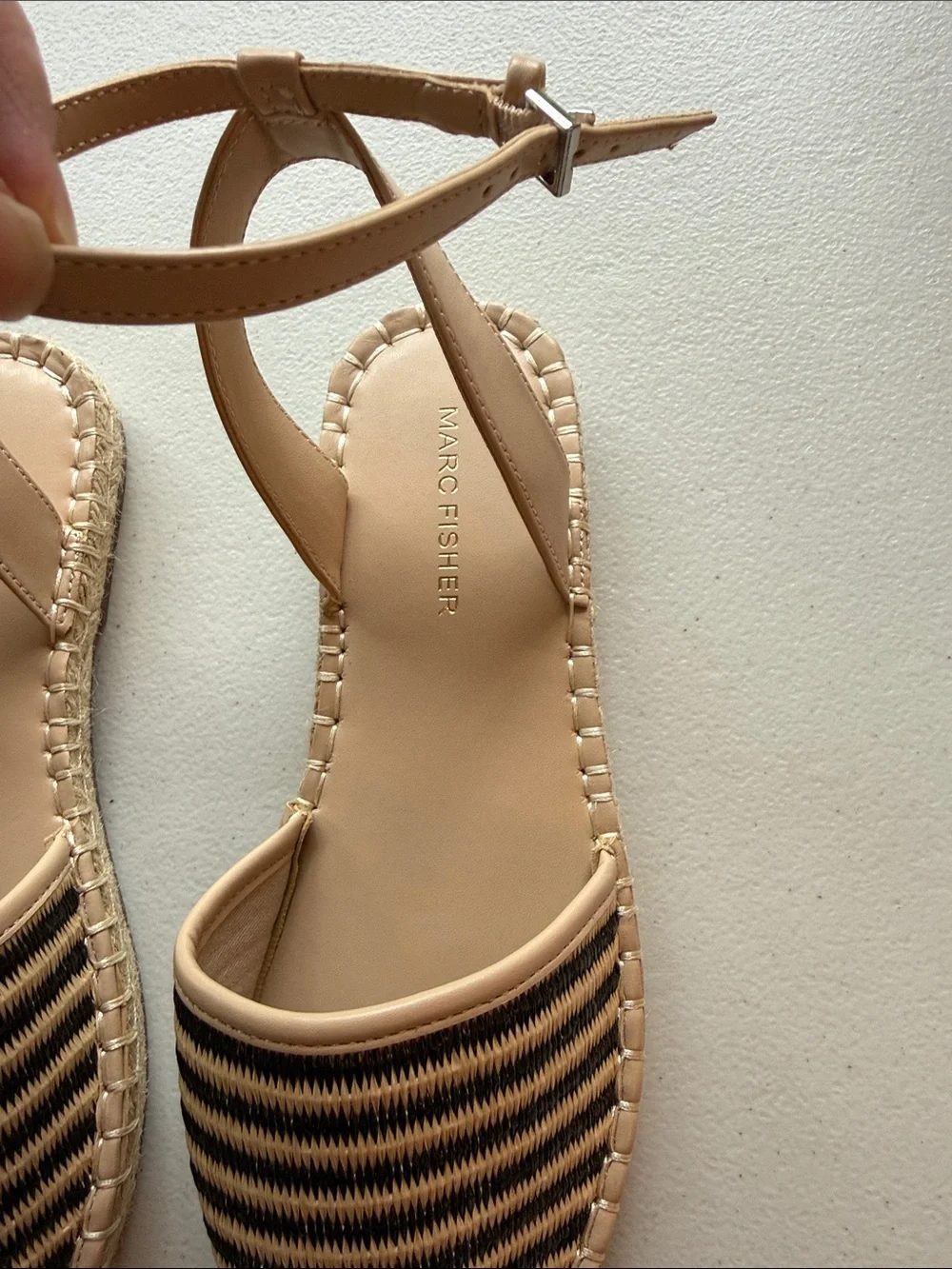 Marc Fisher Bessie Espadrille Flats Tan & Black Woven Striped Ankle-Strap Sandal