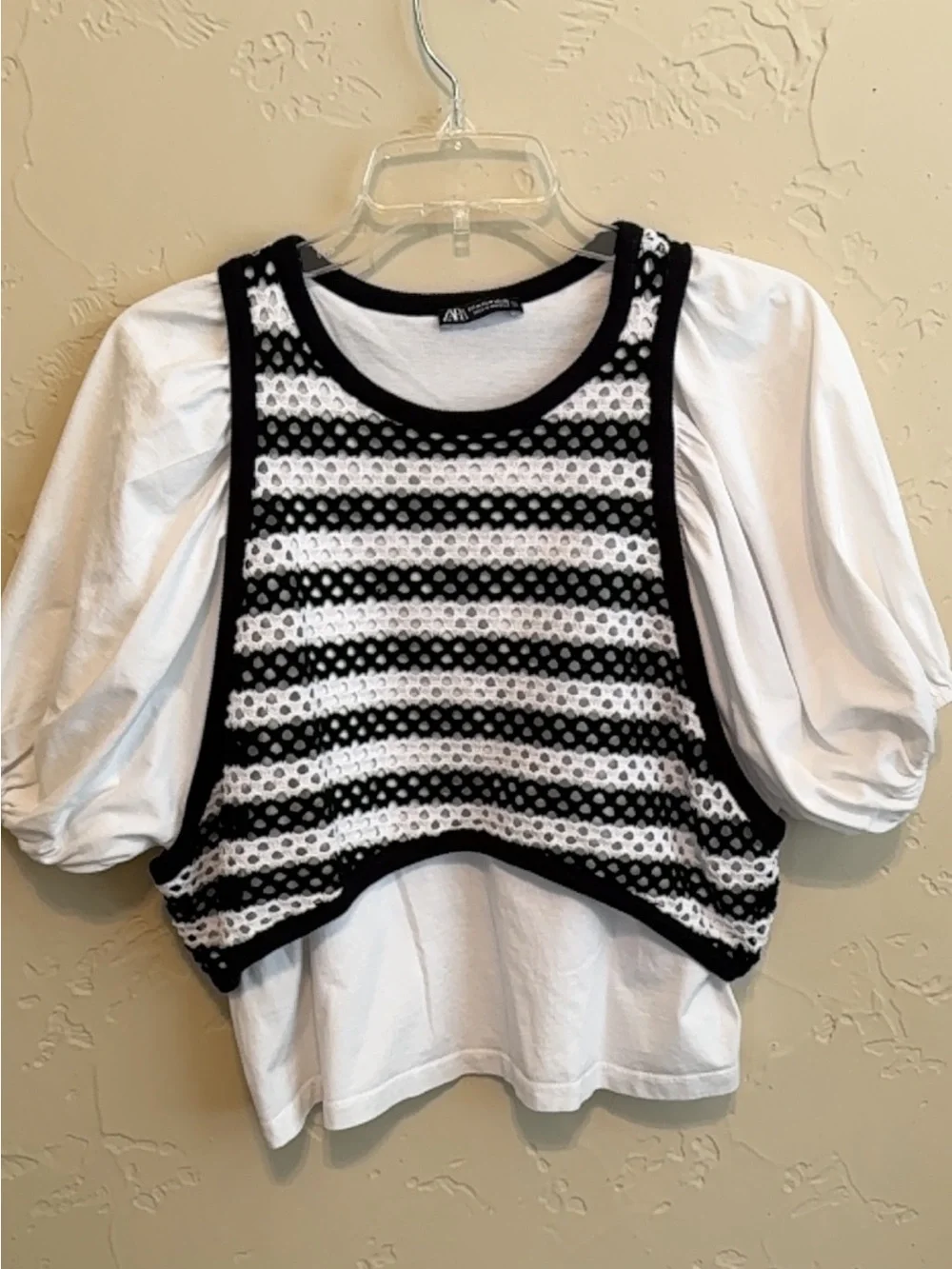 Zara Black and White Striped Crochet Layered Blouse