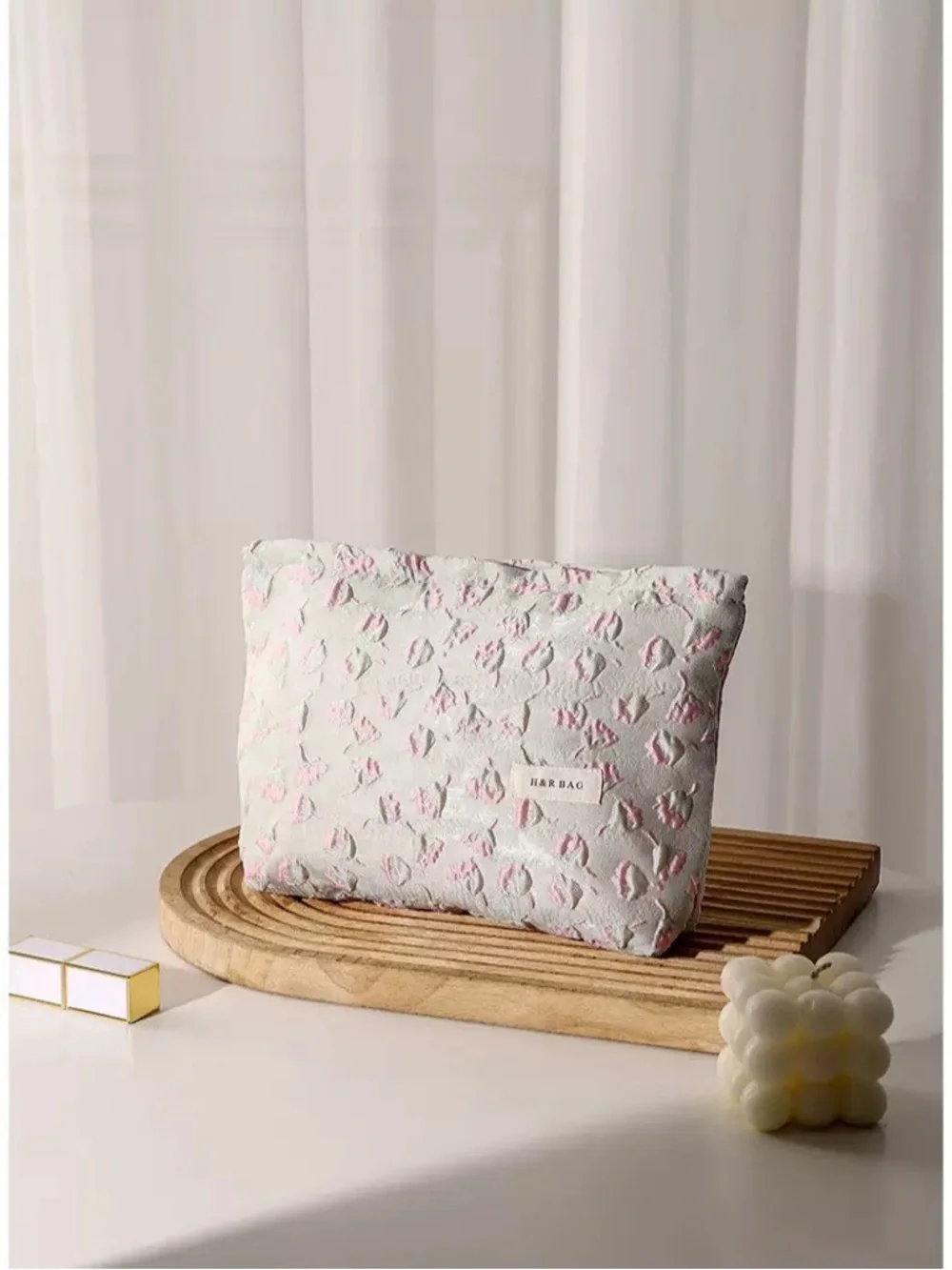 Elegant Pink Floral Embroidered Gray Cosmetic Pouch