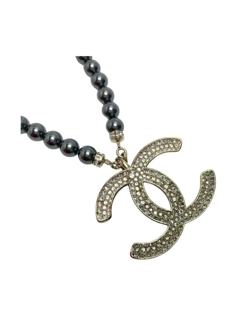 Chanel Coco Mark Rhinestone Faux Pearl Necklace C23 P Champagne Gold Black