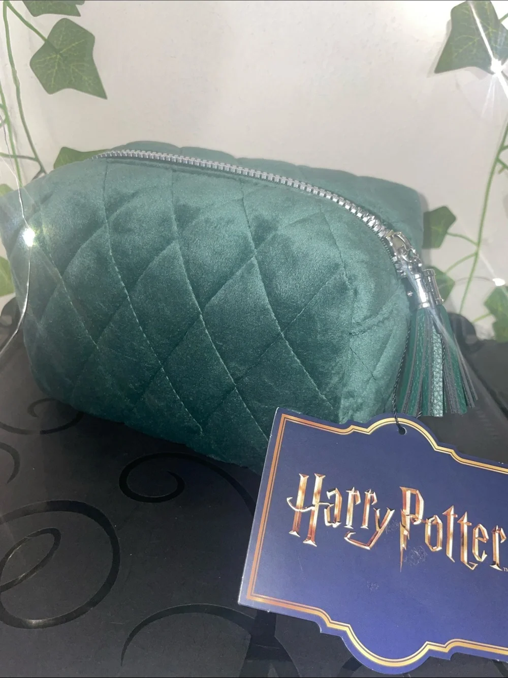 Warner Bros. Slytherin Quilted Emerald Green Velvet Cosmetic Bag