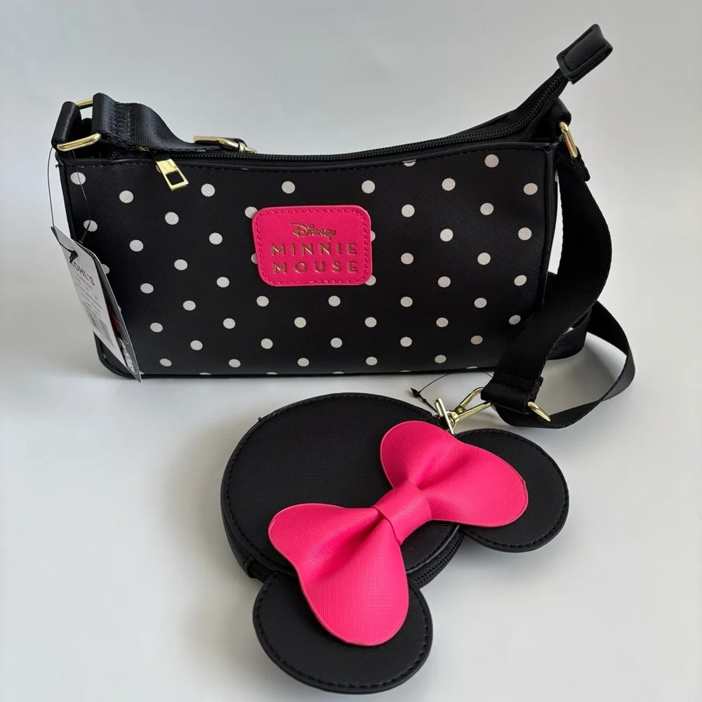 Bioworld Disney Minnie Mouse Black Polka Dot Crossbody Coin Pouch Set NWT