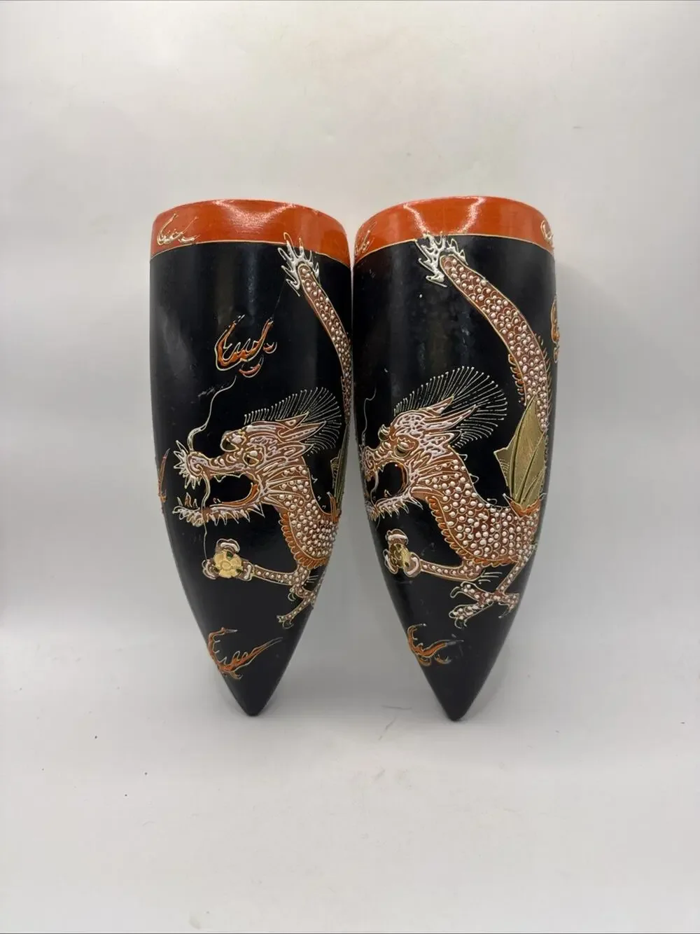 Set Of 2 Hand Painted Dragon Wall Vases Japan # 2748 *