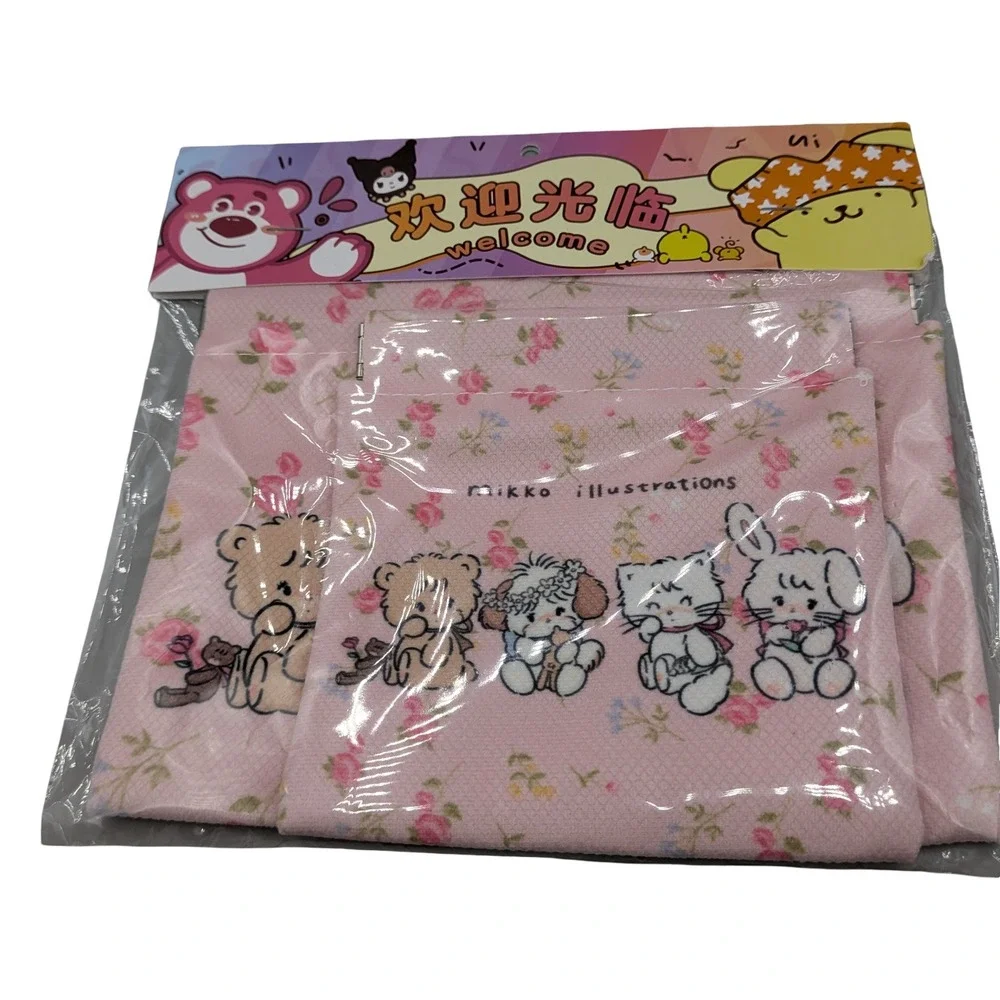Mikko Illustrations Pink Floral Animal Character Pouch Set 2 Piece Kawaii