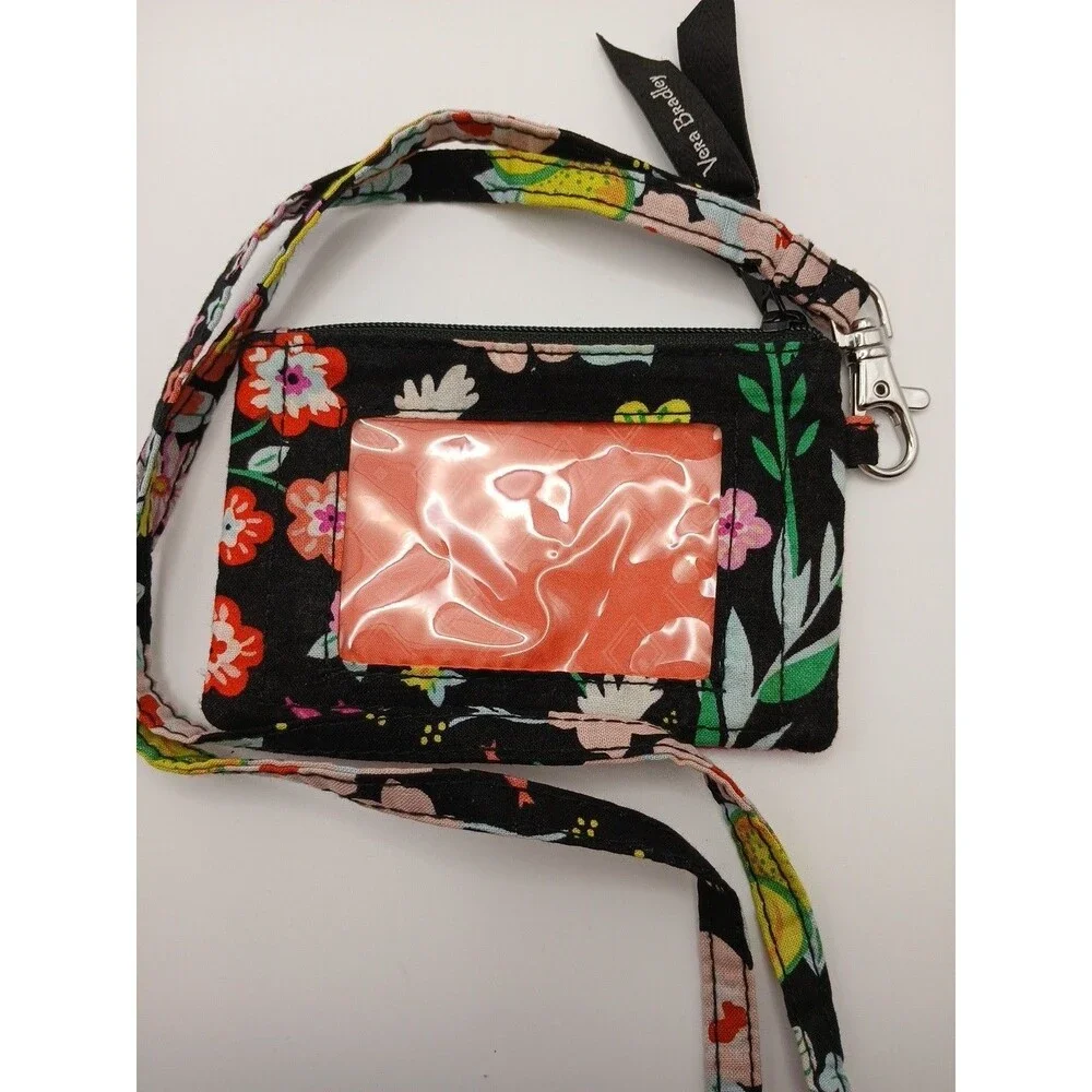 Vera Bradley Floral Fabric ID Holder Wallet with Lanyard Zipper Pouch Crossbody