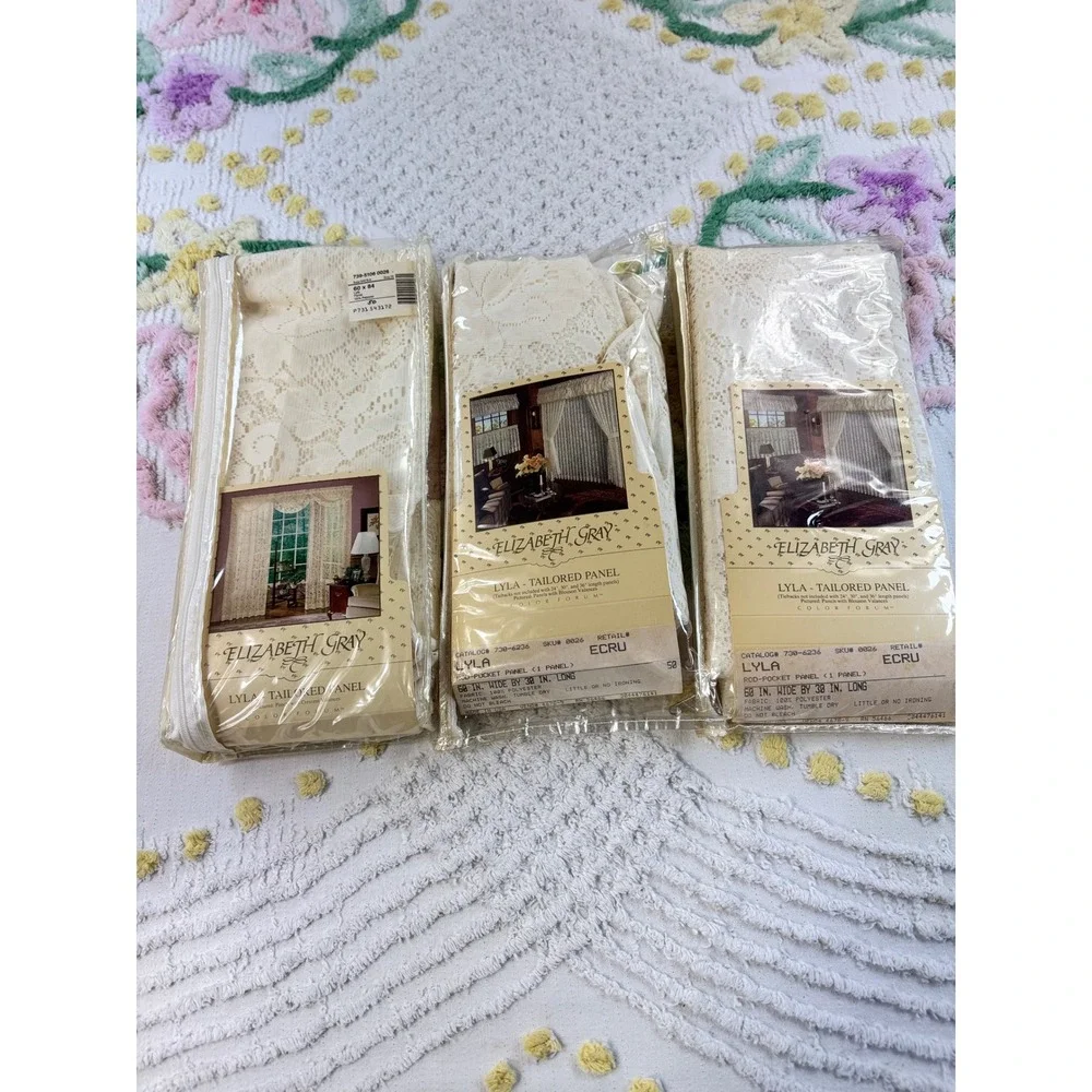 Vintage Elizabeth Gray Lyla Tailored Lace Curtains 60x30 Ecru 3 Panels NOS