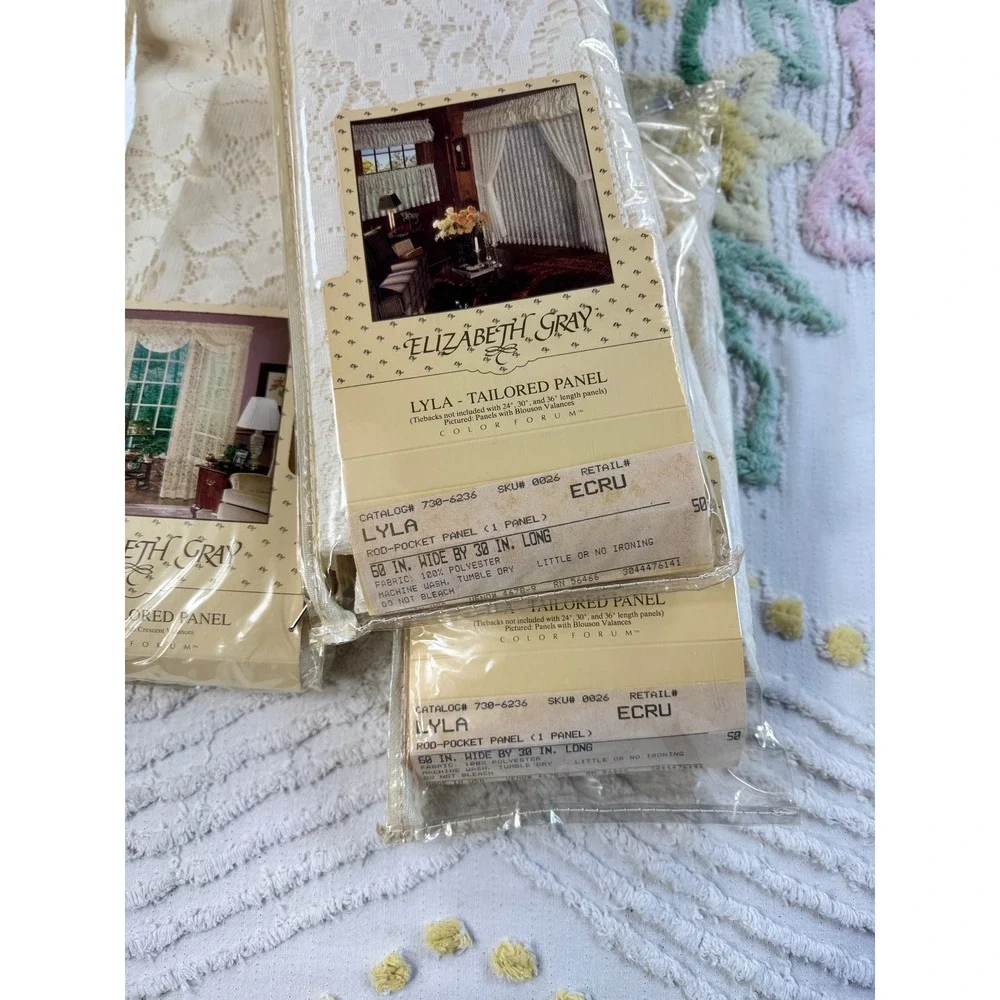 Vintage Elizabeth Gray Lyla Tailored Lace Curtains 60x30 Ecru 3 Panels NOS
