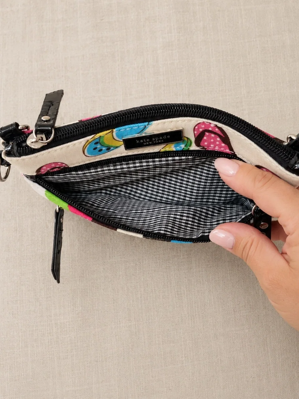 Kate Spade Flip Flop Print Wristlet Cosmetic Pouch Multi Zip Organizer