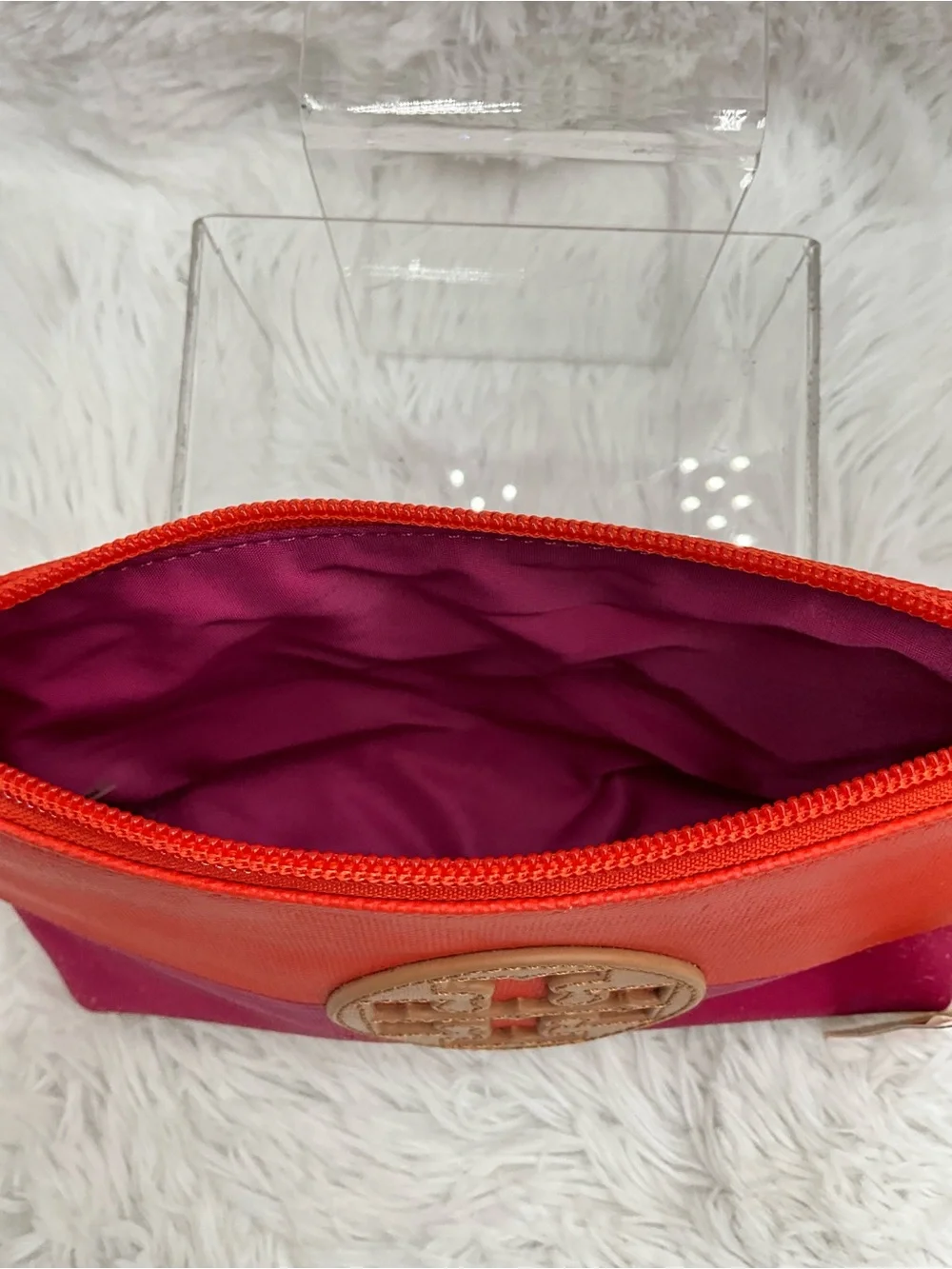 Tory Burch Orange and Red Colorblock Cosmetic Case NWT w/ Storage Wear