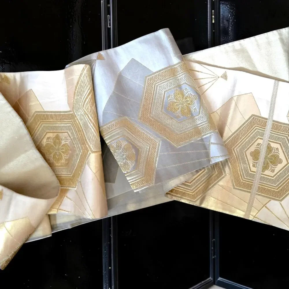 Vintage Japanese Fukuro Obi Silk Gold Silver Brocade Kikko Hexagon 158