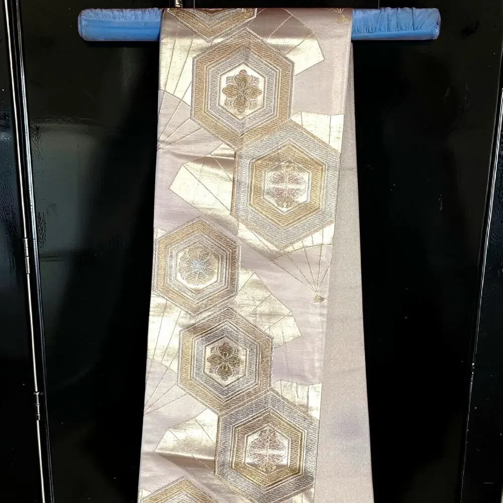 Vintage Japanese Fukuro Obi Silk Gold Silver Brocade Kikko Hexagon 158