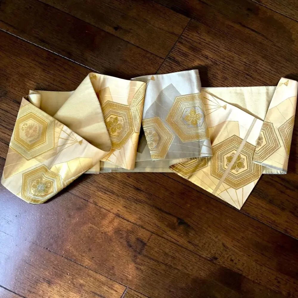 Vintage Japanese Fukuro Obi Silk Gold Silver Brocade Kikko Hexagon 158