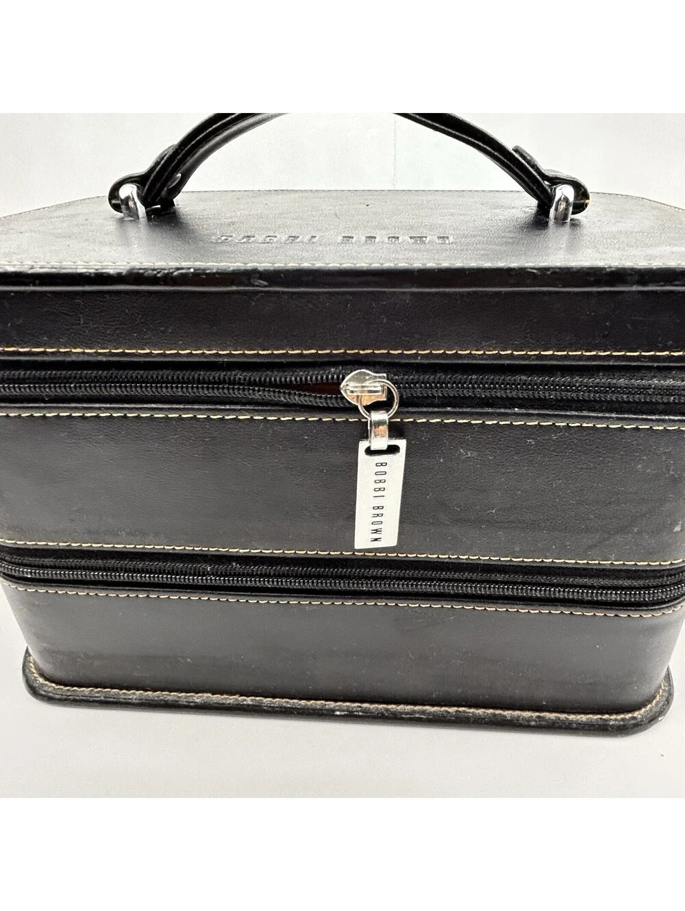 Bobbi Brown Black Leather Makeup Train Case Tan Tiered 2 Zip Cosmetic Bag  LS#12