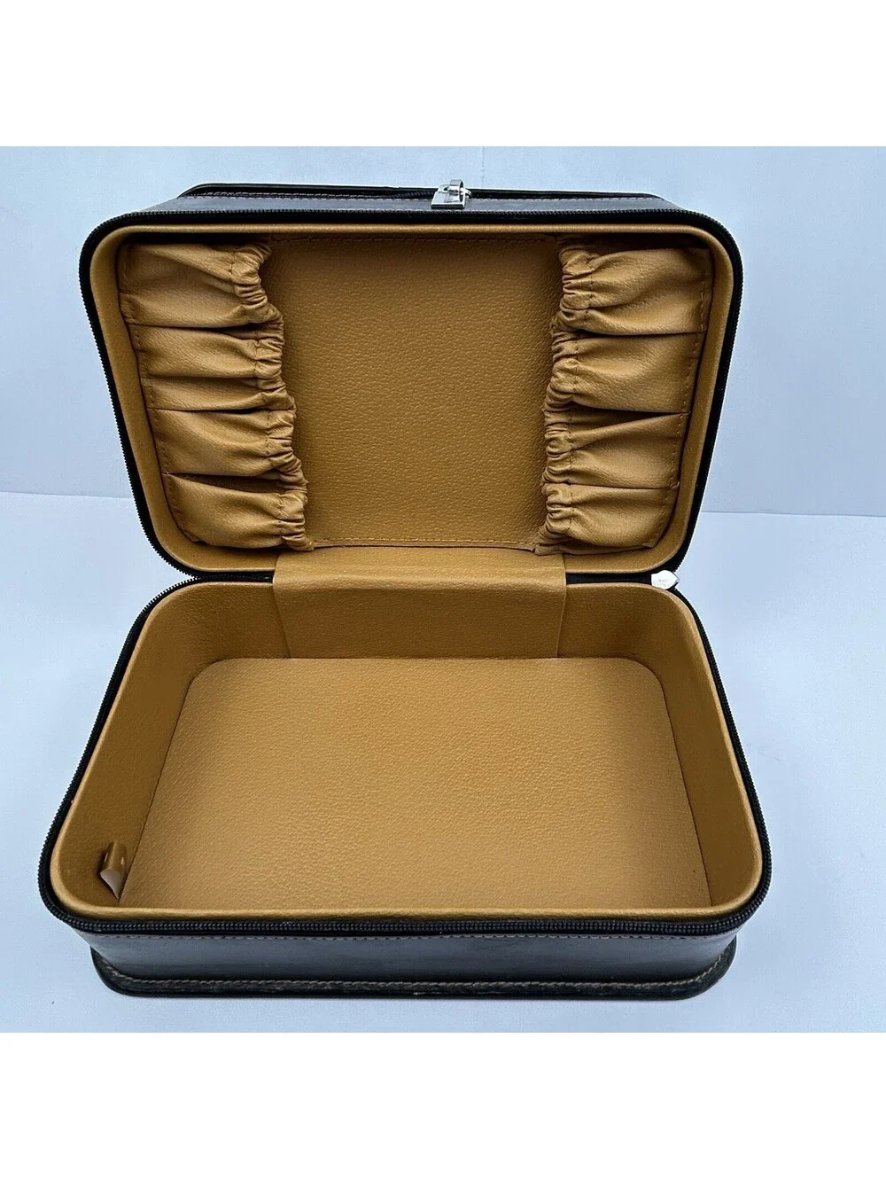Bobbi Brown Black Leather Makeup Train Case Tan Tiered 2 Zip Cosmetic Bag  LS#12