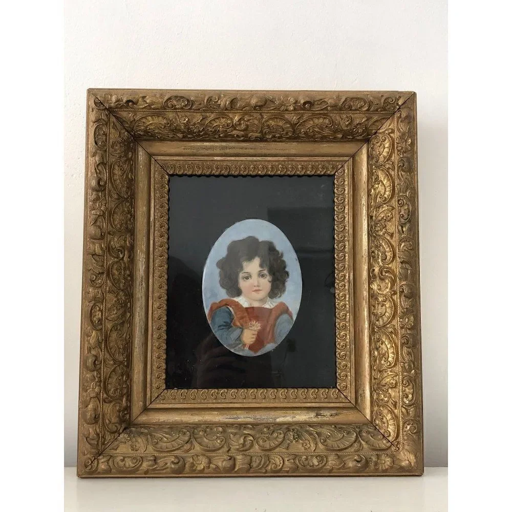 Antique Victorian Little Child with Flower Dresden Germany 1901 Framed