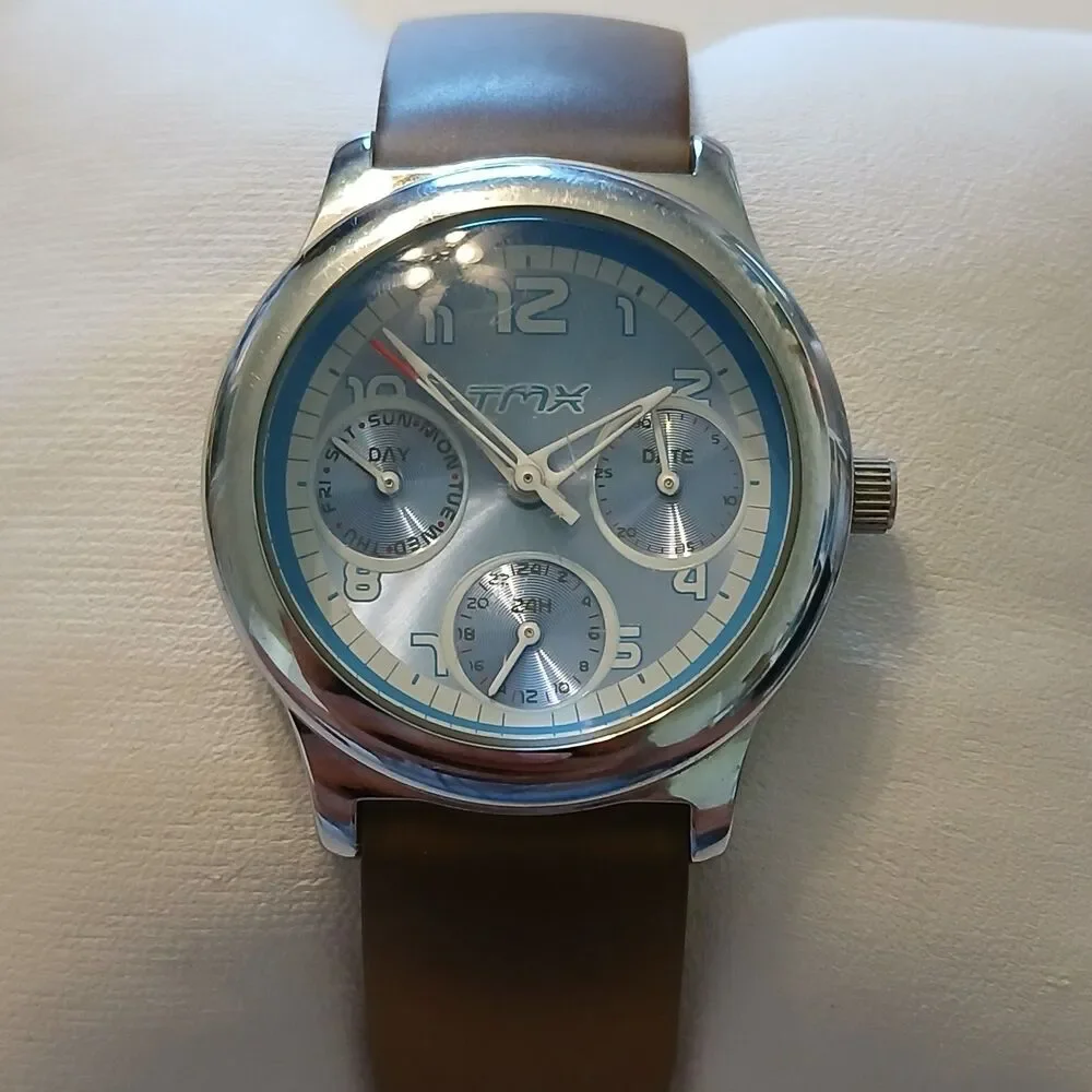 Y2K TMX Timex Multi-Subdial Blue Round Dial Women's Watch Brown Band 32mm