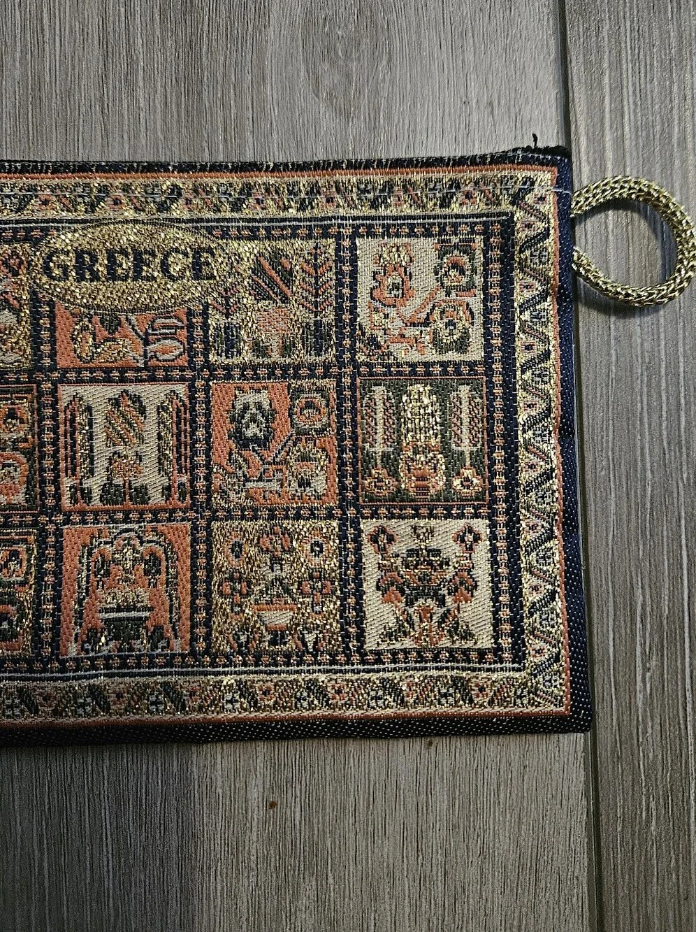 Source Unknown Greece Tapestry Zip Pouch - Black, Cream, Brown, Green, Orange
