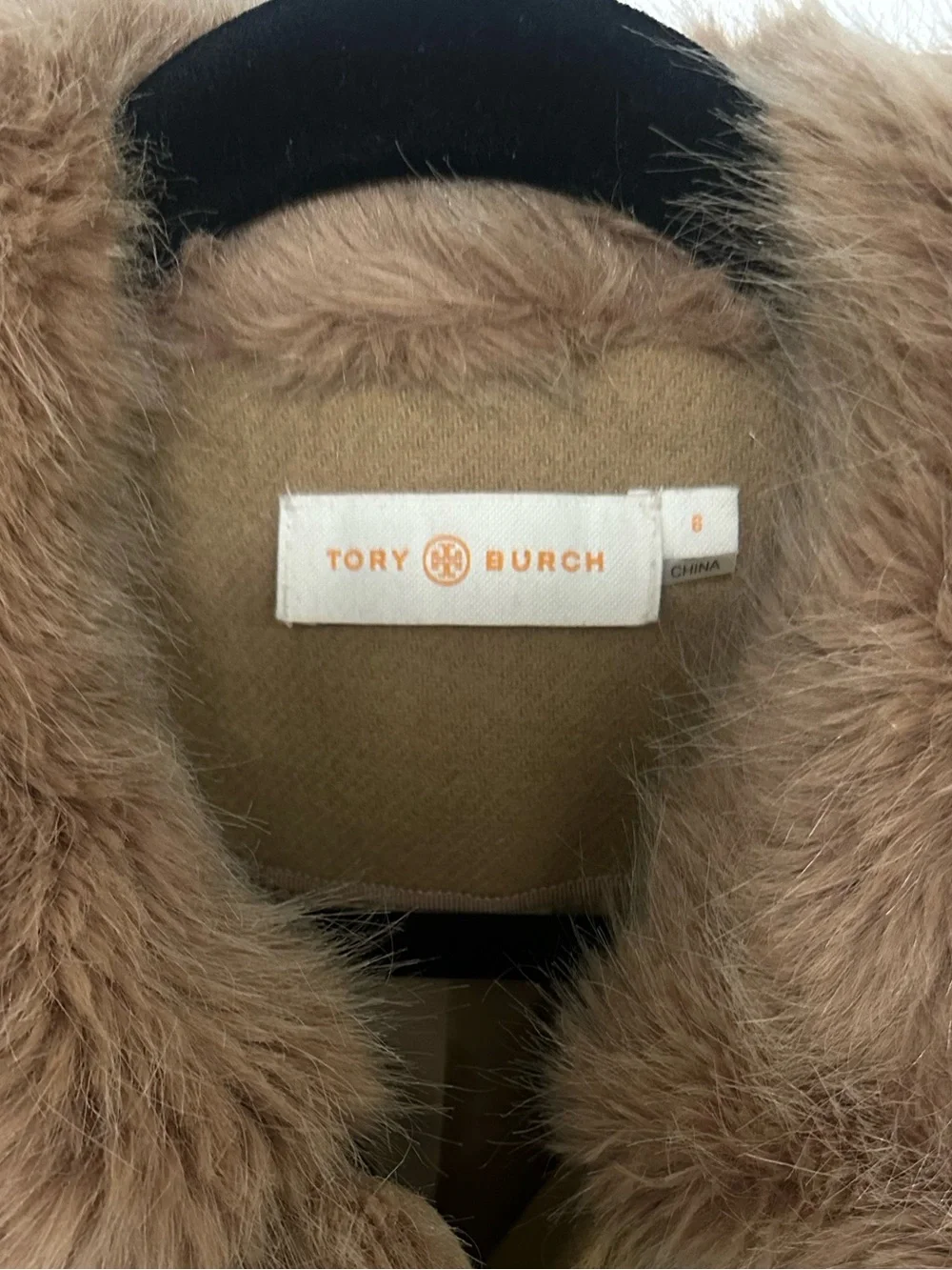 Tory Burch Celeste Coat Camel Faux Fur Collar Double Breasted Size 6