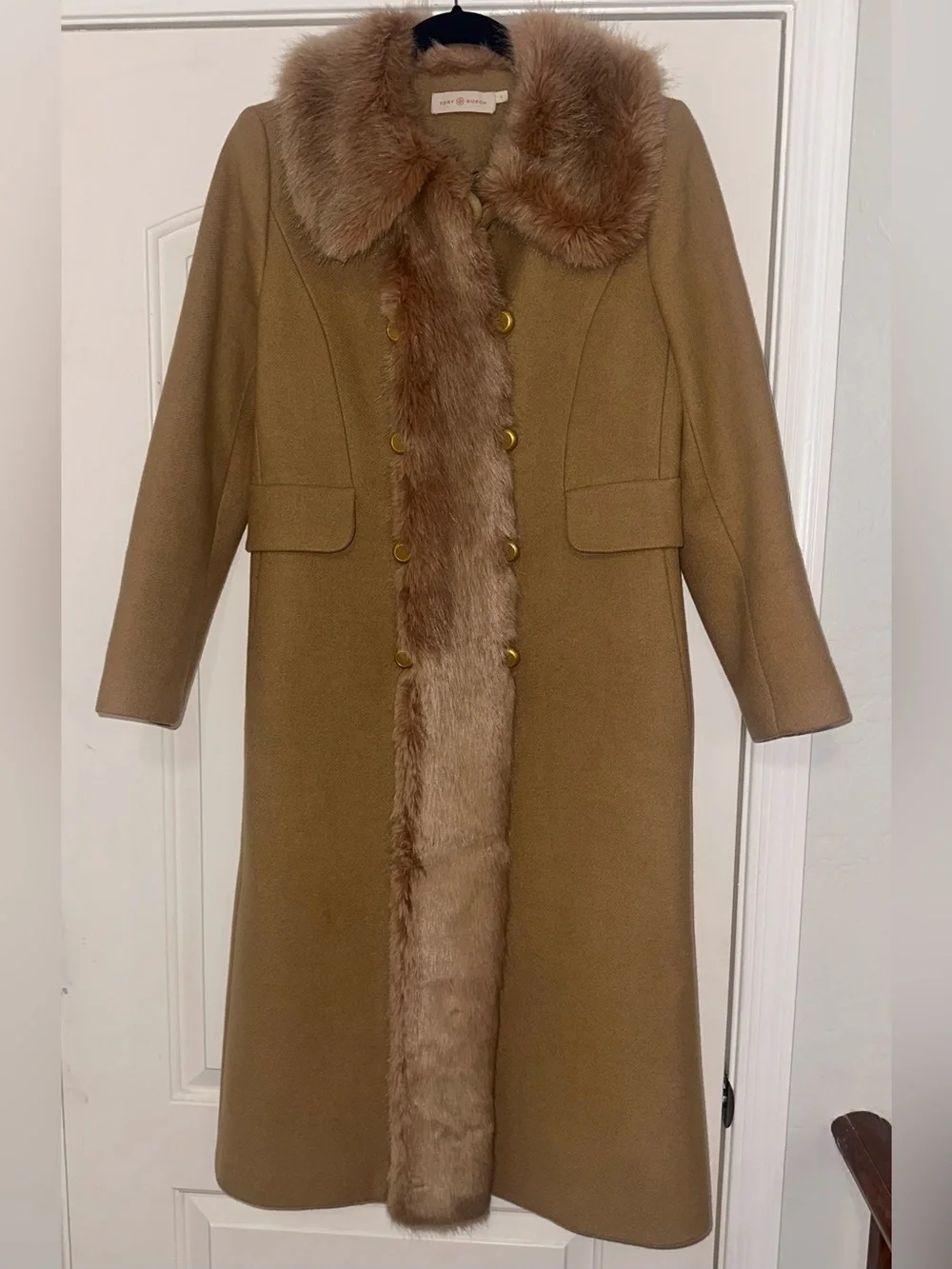 Tory Burch Celeste Coat Camel Faux Fur Collar Double Breasted Size 6