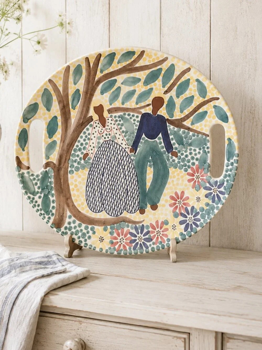Vintage Signed Norwegian Mid-Century Folk Art Ceramic Handled Serving Platter
