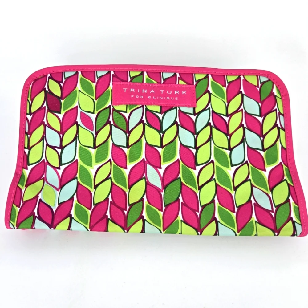 Trina Turk‎ for Clinique Makeup Purse Bag Zippered Pink Green Blue Leaf Pattern