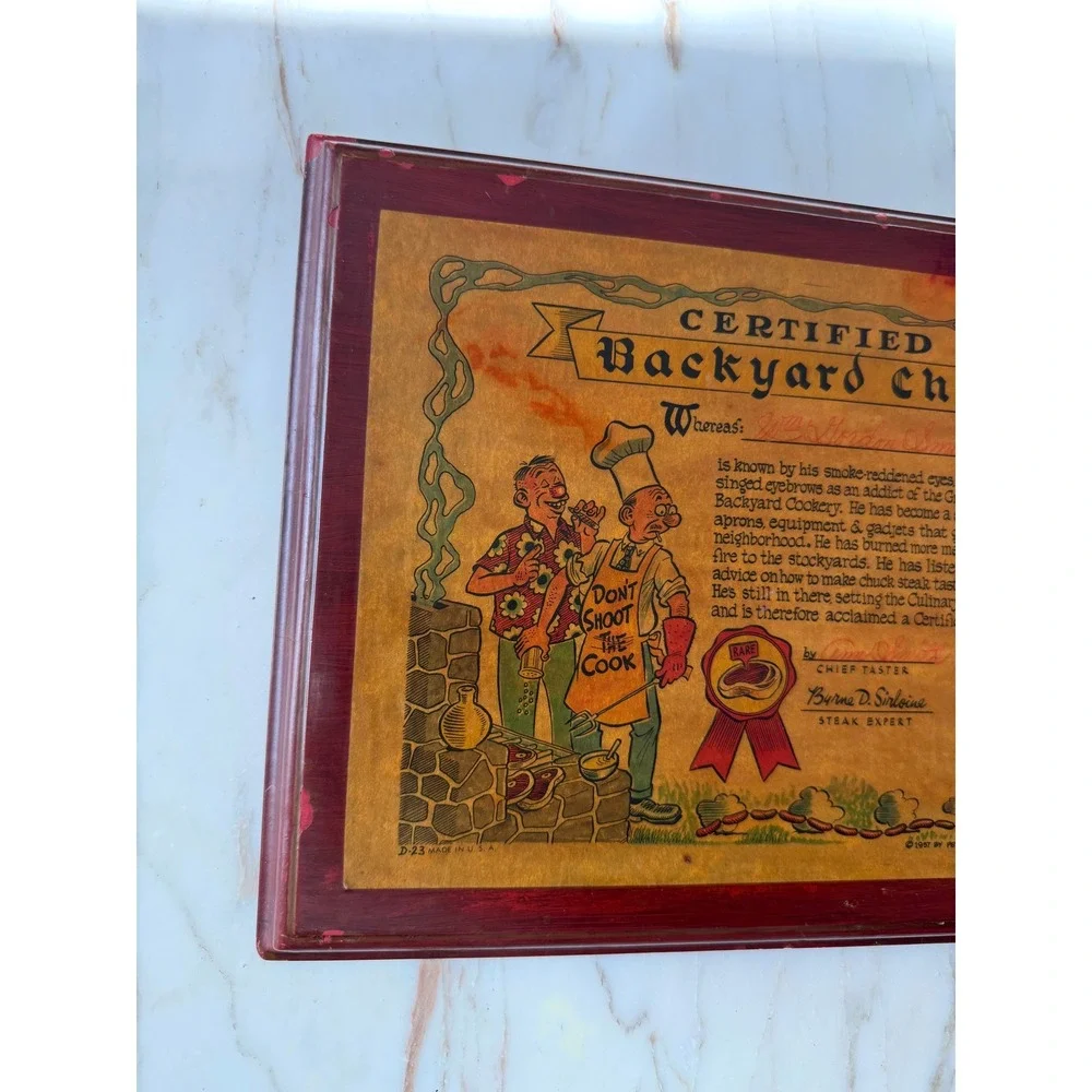 Vintage 1957 Certified Backyard Chef Framed BBQ Kitchen Wall Art
