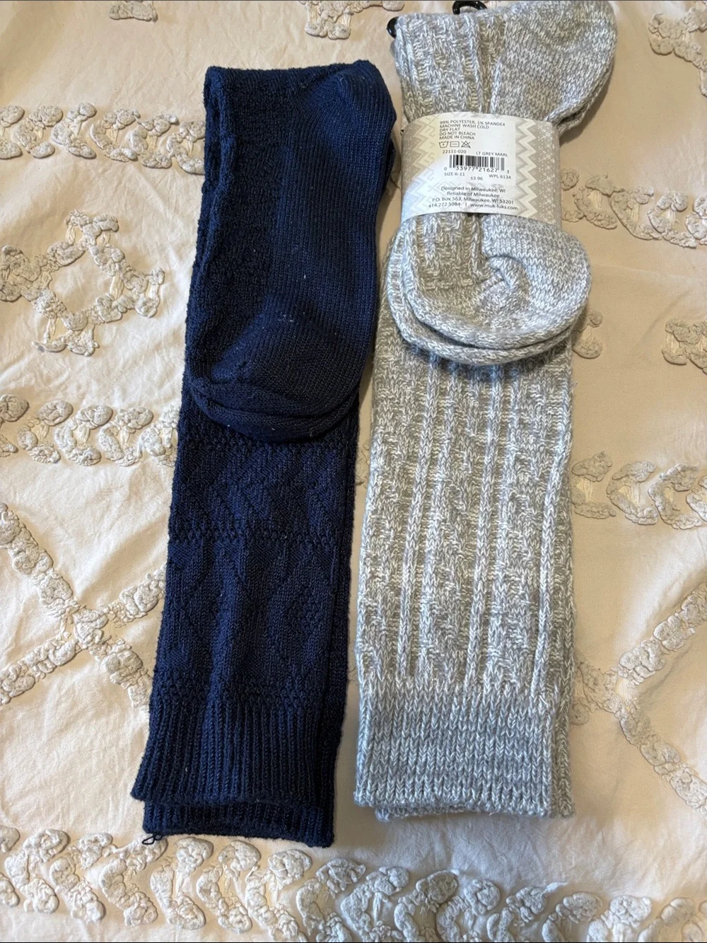 Muk Luks Knee High Socks in Navy and Light Gray