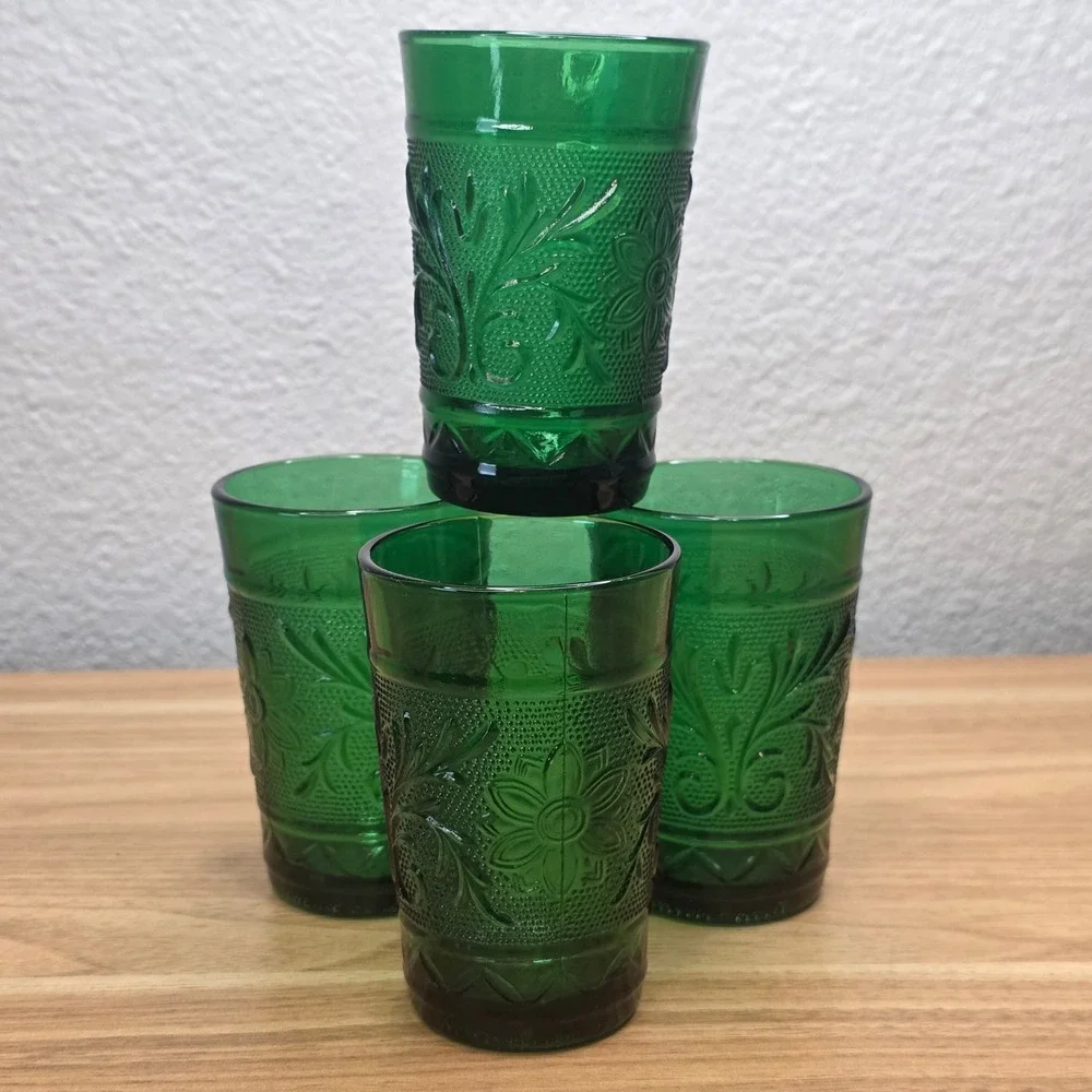 4 Vtg Anchor Hocking Forest Green Sandwich Glass Flat Juice Tumblers 3.5