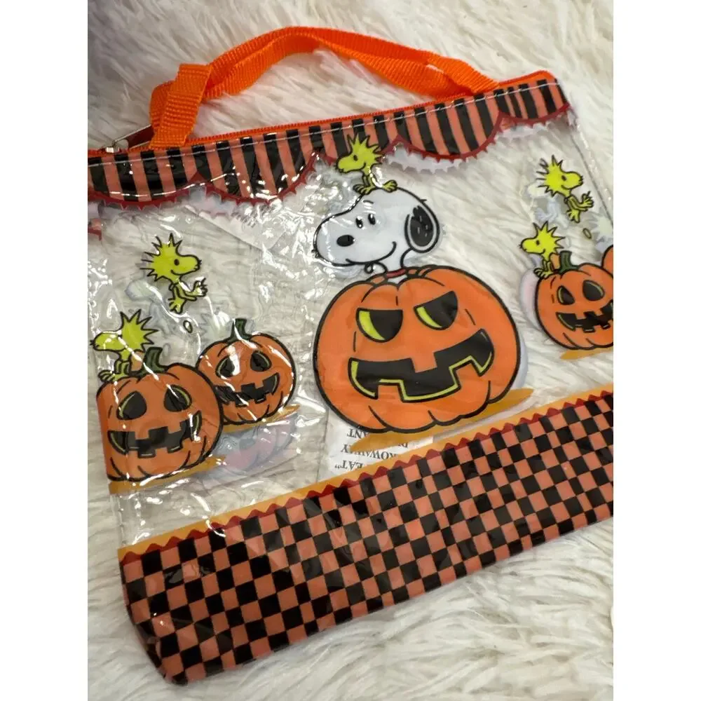 Snoopy Halloween clear pouch bag orange pumpkins black-and-orange checkered trim