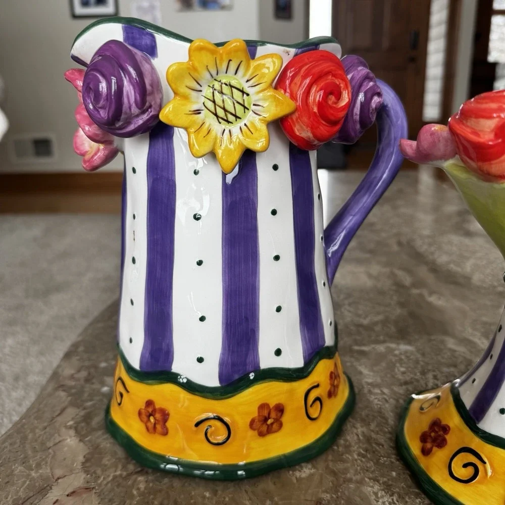 Ceramic Glazed Pottery Pitcher And Candle Or Cupcake Holder Roses Flowers Wow!