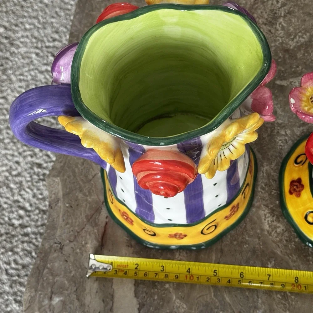 Ceramic Glazed Pottery Pitcher And Candle Or Cupcake Holder Roses Flowers Wow!