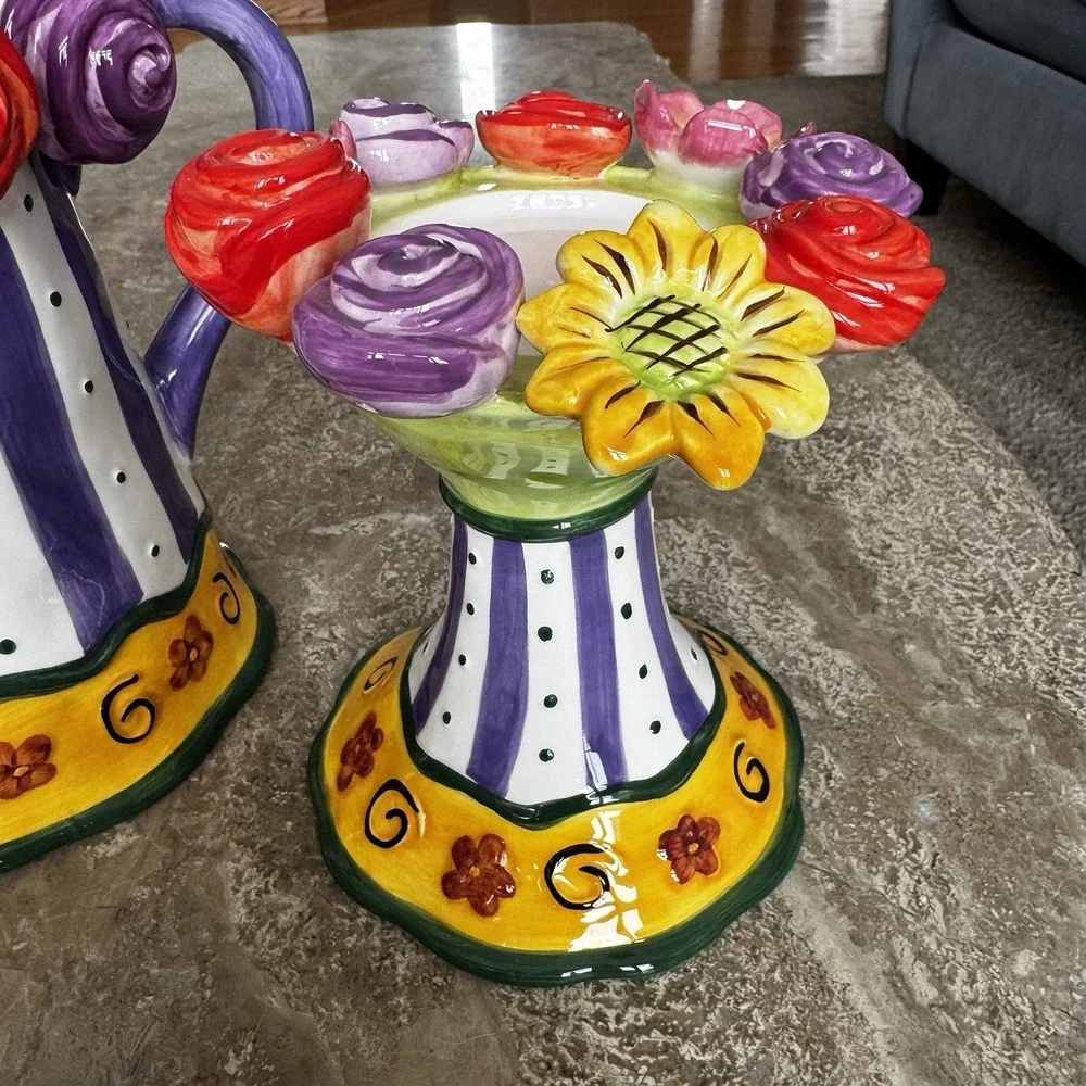 Ceramic Glazed Pottery Pitcher And Candle Or Cupcake Holder Roses Flowers Wow!