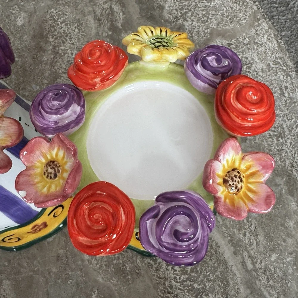 Ceramic Glazed Pottery Pitcher And Candle Or Cupcake Holder Roses Flowers Wow!