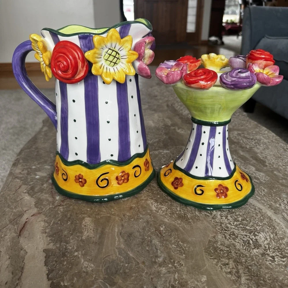 Ceramic Glazed Pottery Pitcher And Candle Or Cupcake Holder Roses Flowers Wow!